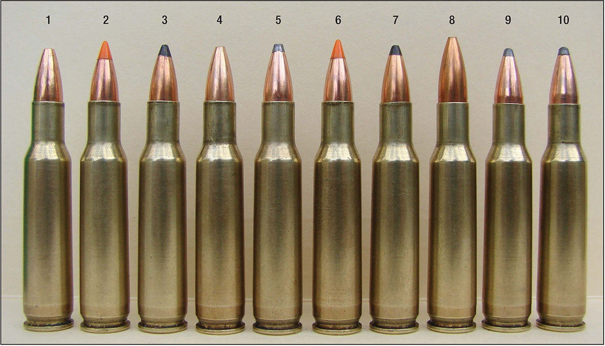 In Winchester brass, 10 bullets were handloaded for the 222 Remington: (1) Barnes 36-grain Varmint Grenade, (2) Nosler 40-grain Ballistic Tip, (3) Sierra 45 SP, (4) Barnes 50 Varminator, (5) Hornady 50 Spire Point, (6) Nosler 50 Ballistic Tip, (7) Sierra 50 Blitz SP, (8) Sierra 53 MatchKing, (9) Hornady 55 Spire Point and (10) Hornady 60 Spire Point.